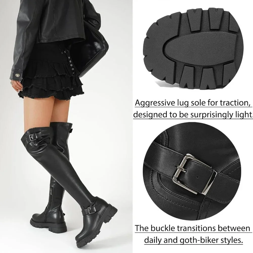 Women's Black Leather High Thigh Over-the-Knee Stretch lug Sole Heel Boot